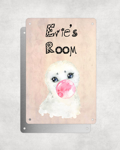 Cute Animal Personalised Name Plaque – Baby Seal With Bubblegum | Vintage-Style Aluminium Sign for Kids’ Room