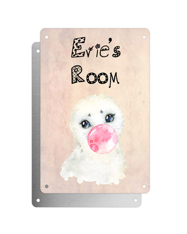 Cute Animal Personalised Name Plaque – Baby Seal With Bubblegum | Vintage-Style Aluminium Sign for Kids’ Room