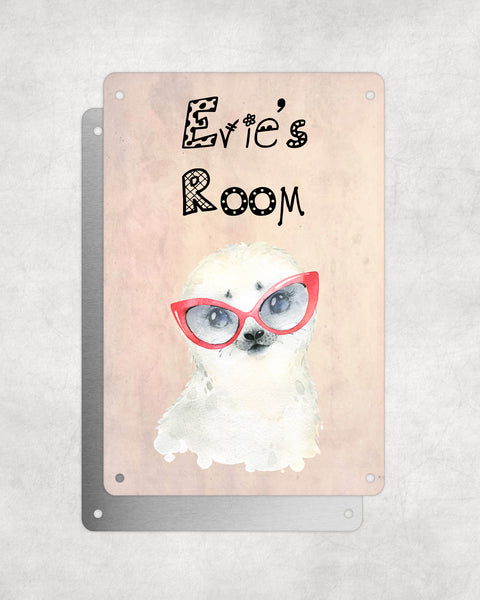 Cute Animal Personalised Name Plaque – Baby Seal With Red Glasses | Vintage-Style Aluminium Sign for Kids’ Room