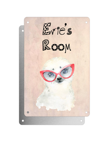 Cute Animal Personalised Name Plaque – Baby Seal With Red Glasses | Vintage-Style Aluminium Sign for Kids’ Room