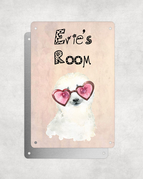 Cute Animal Personalised Name Plaque – Baby Seal With Heart Sunglasses | Vintage-Style Aluminium Sign for Kids’ Room