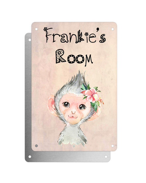Cute Animal Personalised Name Plaque – Baby Monkey With Flower | Vintage-Style Aluminium Sign for Kids’ Room
