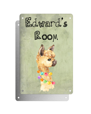 Cute Animal Personalised Name Plaque – Little Brown Llama With Hawaiian Lei | Vintage-Style Green Aluminium Sign for Kids’ Room