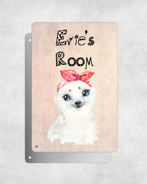 Cute Animal Personalised Name Plaque – Baby Seal With Head Tie | Vintage-Style Aluminium Sign for Kids’ Room