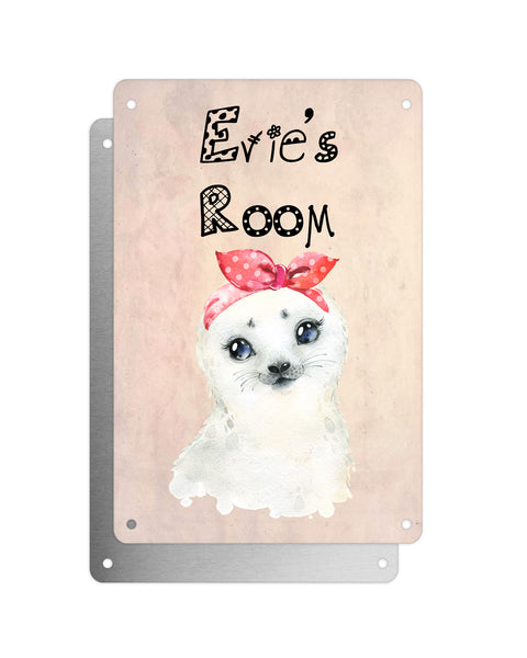 Cute Animal Personalised Name Plaque – Baby Seal With Head Tie | Vintage-Style Aluminium Sign for Kids’ Room