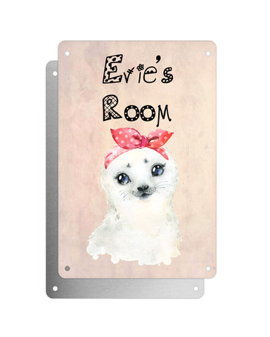 Cute Animal Personalised Name Plaque – Baby Seal With Head Tie | Vintage-Style Aluminium Sign for Kids’ Room