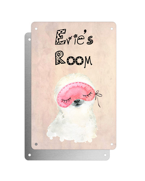Cute Animal Personalised Name Plaque – Baby Seal With Sleep Mask | Vintage-Style Aluminium Sign for Kids’ Room
