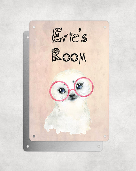 Cute Animal Personalised Name Plaque – Baby Seal With Pink Glasses | Vintage-Style Aluminium Sign for Kids’ Room