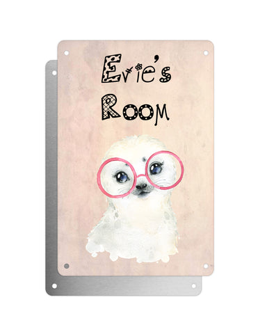 Cute Animal Personalised Name Plaque – Baby Seal With Pink Glasses | Vintage-Style Aluminium Sign for Kids’ Room