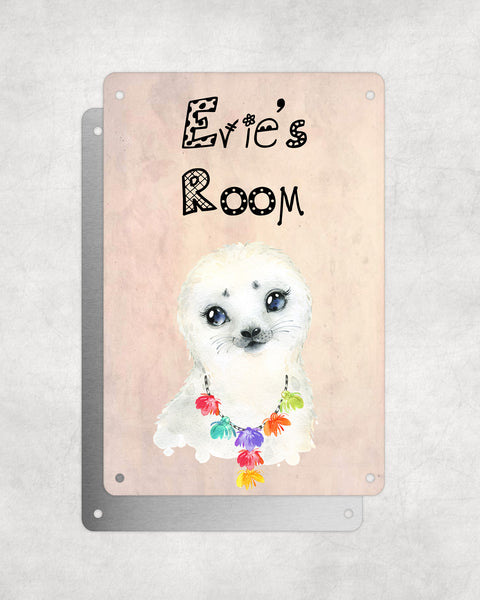 Cute Animal Personalised Name Plaque – Baby Seal With Hawaiian Lei | Vintage-Style Aluminium Sign for Kids’ Room