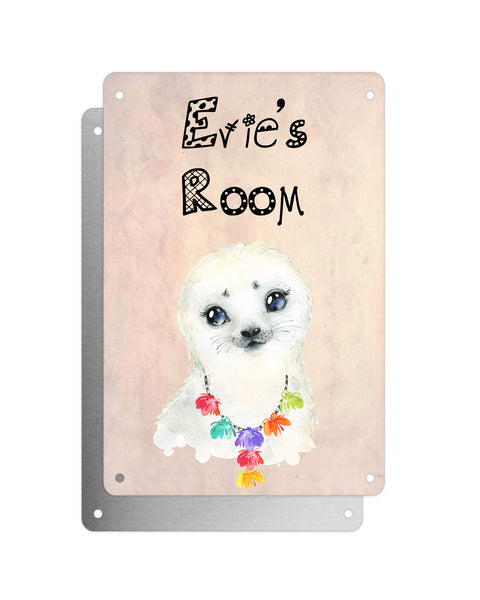 Cute Animal Personalised Name Plaque – Baby Seal With Hawaiian Lei | Vintage-Style Aluminium Sign for Kids’ Room