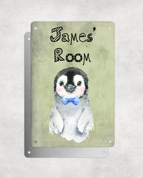 Cute Animal Personalised Name Plaque – Baby Penguin With Blue Bow Tie | Vintage-Style Green Aluminium Sign for Kids’ Room