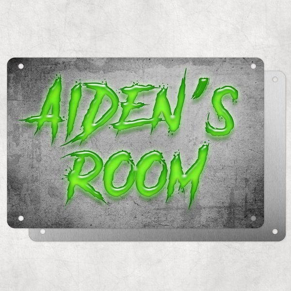 Boys Personalised Bedroom Name Plaque – Aluminium Metal Sign | Bright Green Slash Font | Gift for Him