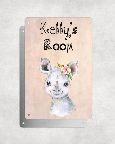 Cute Animal Personalised Name Plaque – Baby Rhino With Flower | Vintage-Style Aluminium Sign for Kids’ Room