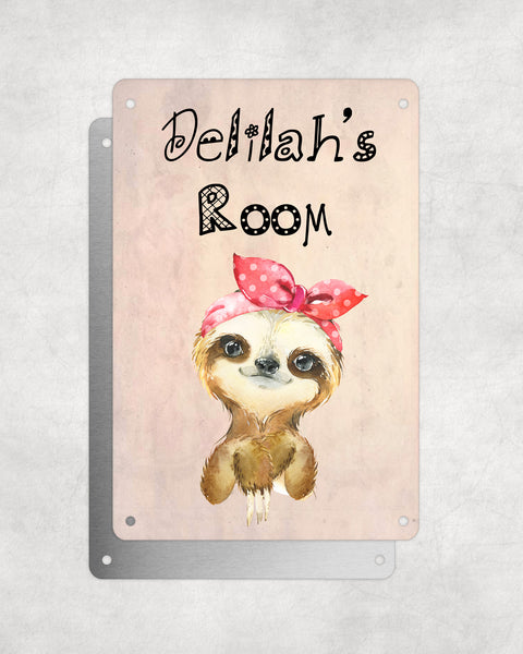 Cute Animal Personalised Name Plaque – Little Sloth With Head Tie | Vintage-Style Aluminium Sign for Kids’ Room
