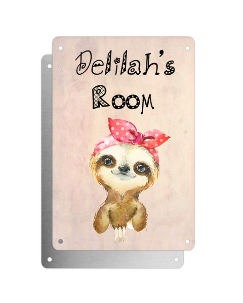 Cute Animal Personalised Name Plaque – Little Sloth With Head Tie | Vintage-Style Aluminium Sign for Kids’ Room