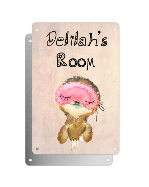 Cute Animal Personalised Name Plaque – Little Sloth With Sleep Mask | Vintage-Style Aluminium Sign for Kids’ Room