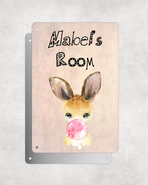 Cute Animal Personalised Name Plaque – Baby Kangaroo With Bubblegum | Vintage-Style Aluminium Sign for Kids’ Room