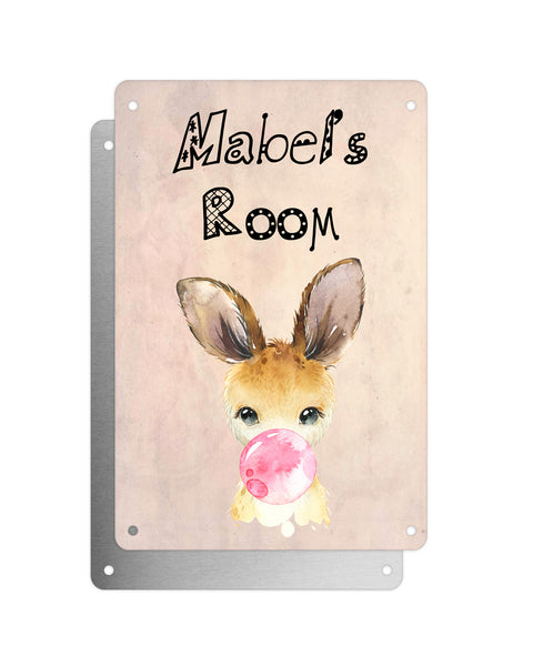 Cute Animal Personalised Name Plaque – Baby Kangaroo With Bubblegum | Vintage-Style Aluminium Sign for Kids’ Room