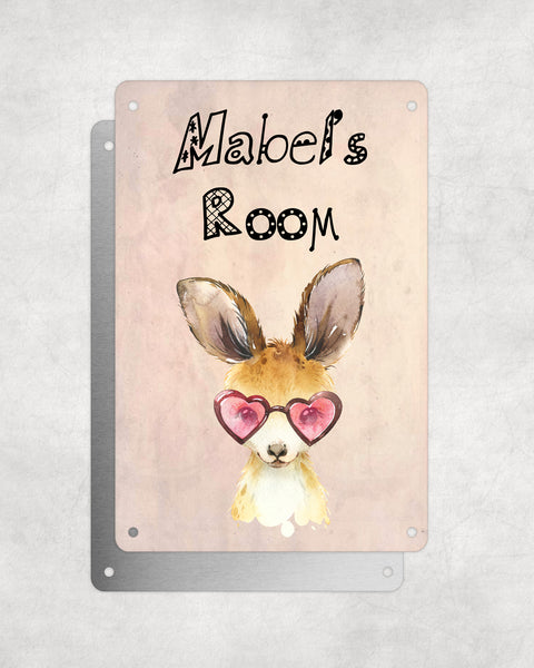 Cute Animal Personalised Name Plaque – Baby Kangaroo With Heart Sunglasses | Vintage-Style Aluminium Sign for Kids’ Room