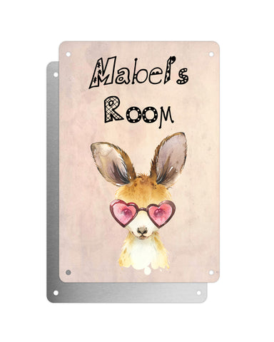 Cute Animal Personalised Name Plaque – Baby Kangaroo With Heart Sunglasses | Vintage-Style Aluminium Sign for Kids’ Room