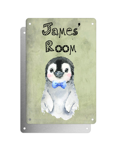 Cute Animal Personalised Name Plaque – Baby Penguin With Blue Bow Tie | Vintage-Style Green Aluminium Sign for Kids’ Room