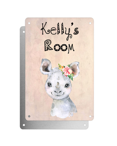 Cute Animal Personalised Name Plaque – Baby Rhino With Flower | Vintage-Style Aluminium Sign for Kids’ Room
