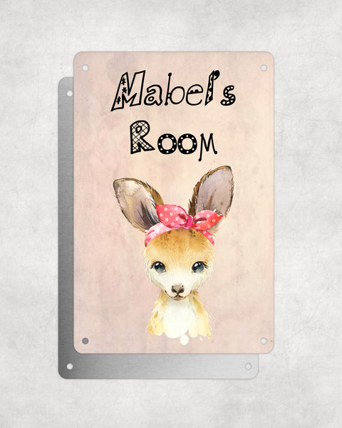 Cute Animal Personalised Name Plaque – Baby Kangaroo With Head Tie | Vintage-Style Aluminium Sign for Kids’ Room