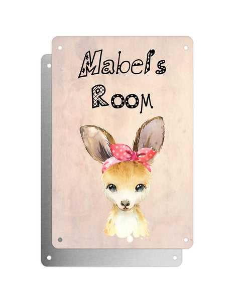 Cute Animal Personalised Name Plaque – Baby Kangaroo With Head Tie | Vintage-Style Aluminium Sign for Kids’ Room