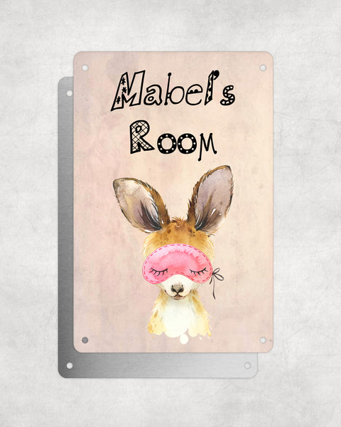 Cute Animal Personalised Name Plaque – Baby Kangaroo With Sleep Mask | Vintage-Style Aluminium Sign for Kids’ Room