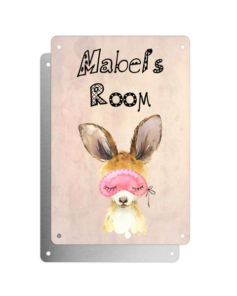 Cute Animal Personalised Name Plaque – Baby Kangaroo With Sleep Mask | Vintage-Style Aluminium Sign for Kids’ Room