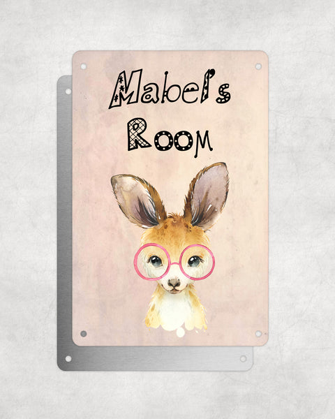 Cute Animal Personalised Name Plaque – Baby Kangaroo With Pink Glasses | Vintage-Style Aluminium Sign for Kids’ Room
