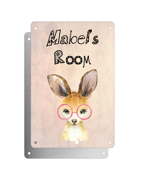 Cute Animal Personalised Name Plaque – Baby Kangaroo With Pink Glasses | Vintage-Style Aluminium Sign for Kids’ Room