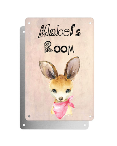 Cute Animal Personalised Name Plaque – Baby Kangaroo With Pink Neck Tie | Vintage-Style Aluminium Sign for Kids’ Room