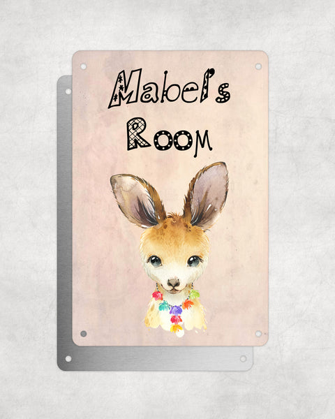 Cute Animal Personalised Name Plaque – Baby Kangaroo With Hawaiian Lei | Vintage-Style Aluminium Sign for Kids’ Room