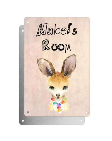 Cute Animal Personalised Name Plaque – Baby Kangaroo With Hawaiian Lei | Vintage-Style Aluminium Sign for Kids’ Room