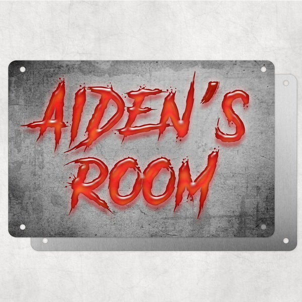 Boys Personalised Bedroom Name Plaque – Aluminium Metal Sign | Bright Red Slash Font | Gift for Him