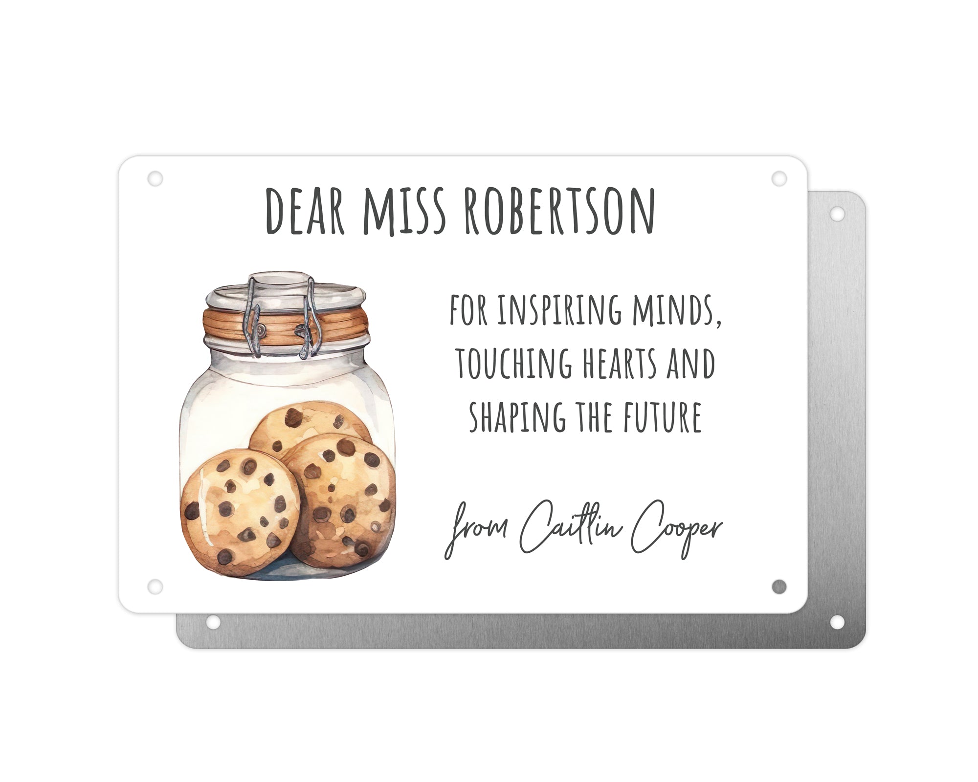 Personalised Teacher Tribute Aluminium Plaque –'Inspiring Minds, Touching Hearts, Shaping The Future' with Cookie Jar Graphic, Leaving Gift