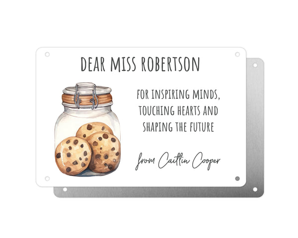Personalised Teacher Tribute Aluminium Plaque –'Inspiring Minds, Touching Hearts, Shaping The Future' with Cookie Jar Graphic, Leaving Gift