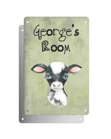 Cute Animal Personalised Name Plaque – Baby Cow | Vintage-Style Green Aluminium Sign for Kids’ Room