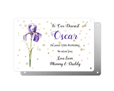 Personalised Graveside Plaque, Aluminium Bereavement Sheet, Metal Sign, Purple Iris Remembrance Gift