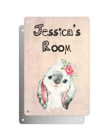 Cute Animal Personalised Name Plaque – Baby Bunny with Flower | Vintage-Style Aluminium Sign for Kids’ Room