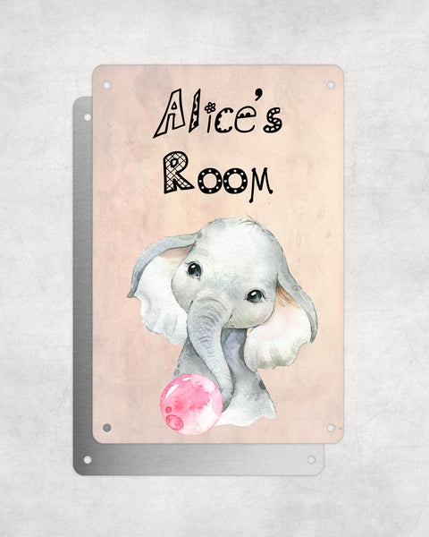 Cute Animal Personalised Name Plaque – Baby Elephant With Bubblegum | Vintage-Style Aluminium Sign for Kids’ Room