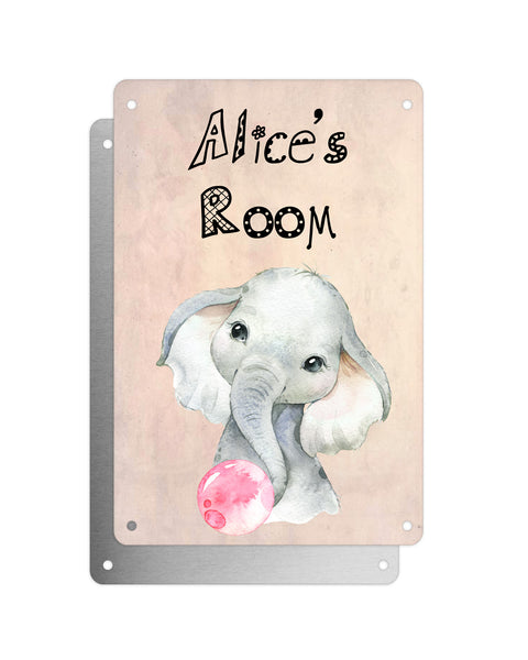 Cute Animal Personalised Name Plaque – Baby Elephant With Bubblegum | Vintage-Style Aluminium Sign for Kids’ Room