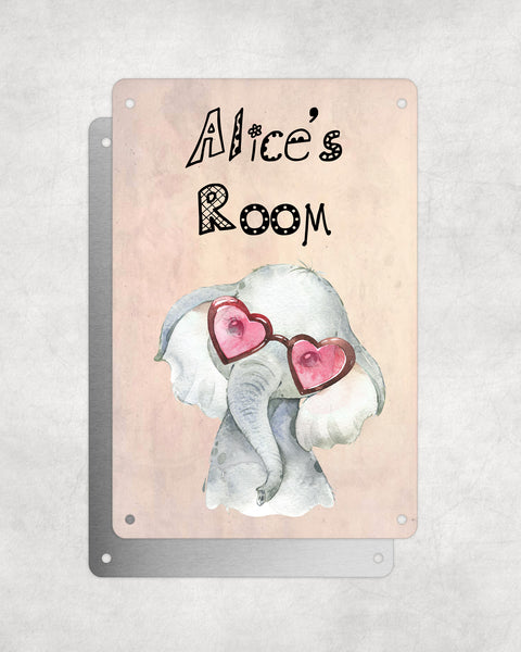 Cute Animal Personalised Name Plaque – Baby Elephant With Heart Sunglasses | Vintage-Style Aluminium Sign for Kids’ Room