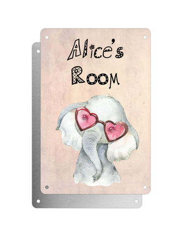 Cute Animal Personalised Name Plaque – Baby Elephant With Heart Sunglasses | Vintage-Style Aluminium Sign for Kids’ Room