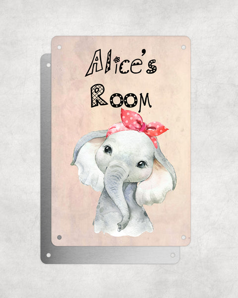 Cute Animal Personalised Name Plaque – Baby Elephant With Head Tie | Vintage-Style Aluminium Sign for Kids’ Room