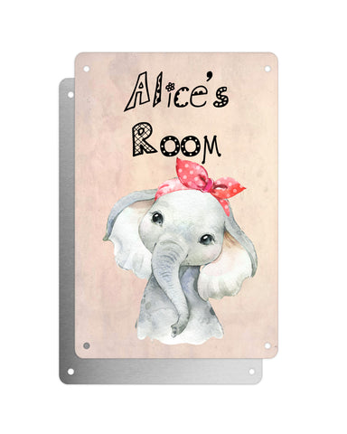 Cute Animal Personalised Name Plaque – Baby Elephant With Head Tie | Vintage-Style Aluminium Sign for Kids’ Room