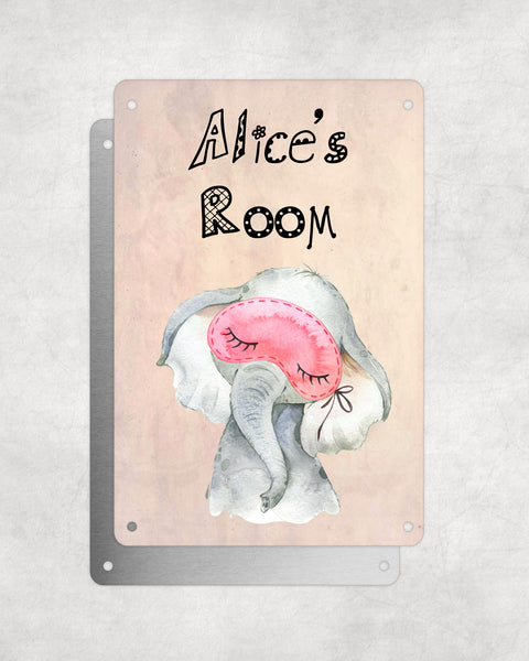 Cute Animal Personalised Name Plaque – Baby Elephant With Sleep Mask | Vintage-Style Aluminium Sign for Kids’ Room