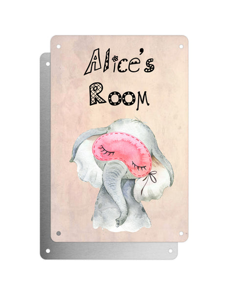 Cute Animal Personalised Name Plaque – Baby Elephant With Sleep Mask | Vintage-Style Aluminium Sign for Kids’ Room